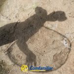 Sombra de un niño que sostiene una pelota de baloncesto y un aro proyectada sobre suelo de tierra, con hierba a un lado. El logotipo de Comfamiliar aparece en la parte inferior, destacando el espíritu comunitario de La Celia.