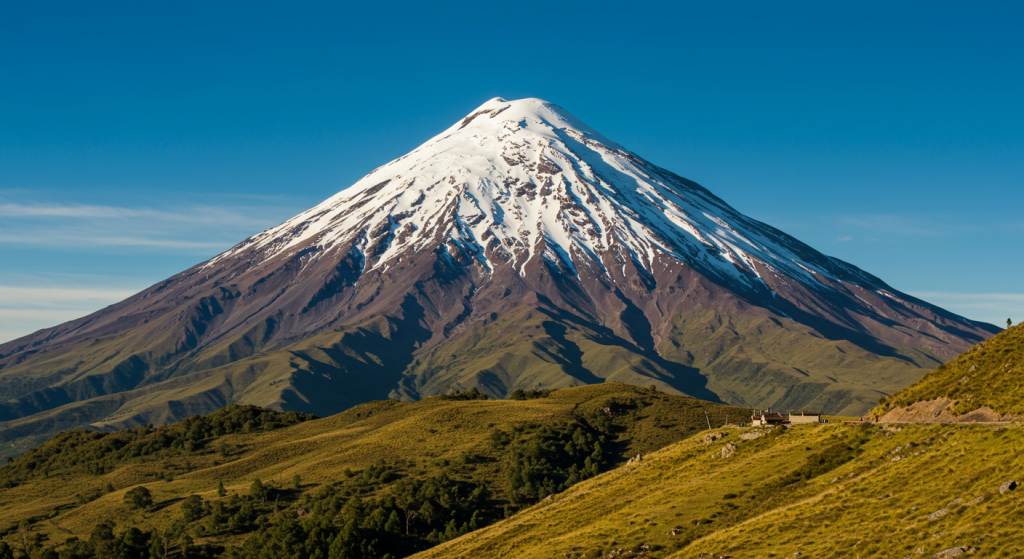 Un Nevado del Ruiz alto y nevado se eleva sobre verdes colinas onduladas bajo un cielo azul despejado. Las laderas más bajas están cubiertas de hierba y árboles dispersos, con una pequeña carretera que conduce a relajantes termales en primer plano.