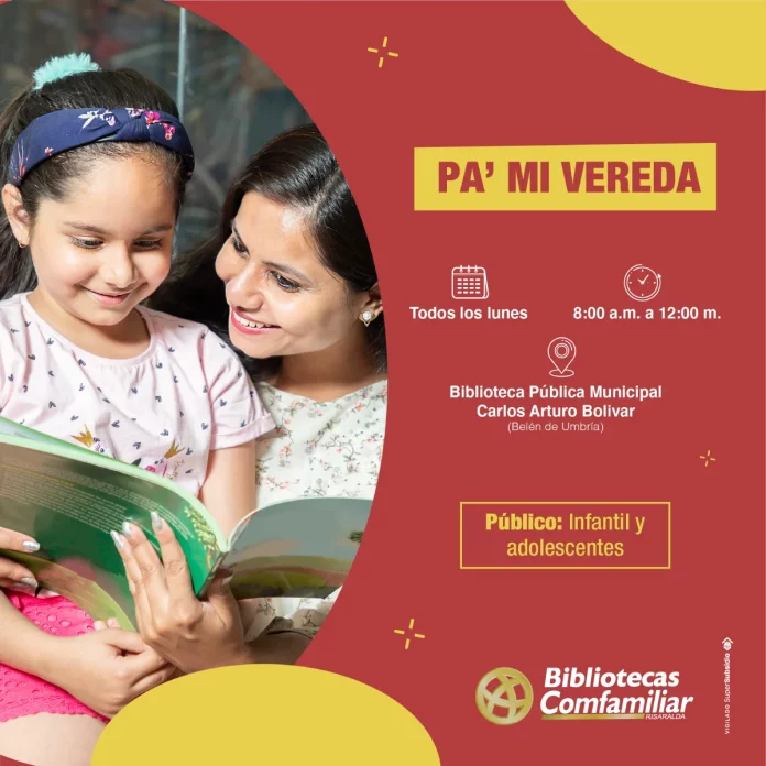 Una mujer y una niña sonríen mientras leen juntas un libro. La imagen promueve el evento bibliotecario "Pa' Mi Vereda" en la Biblioteca Pública, Municipio Carlos Arturo Bolívar, que se realiza los lunes de 8 a.m. a 12 p.m. para niños y adolescentes.