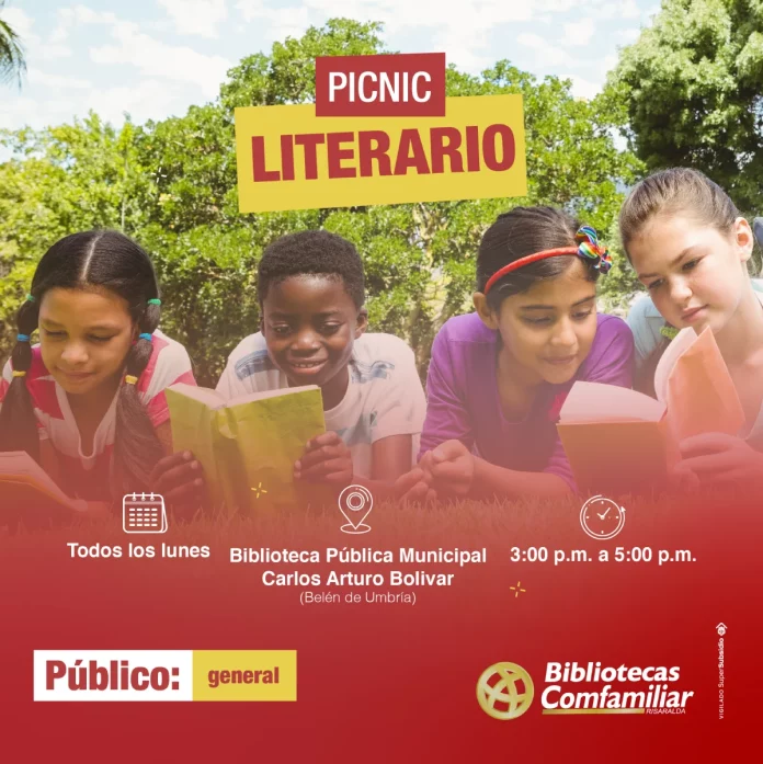 Cuatro niños leen libros en el césped de un parque bajo una pancarta que reza Picnic Literario. Los detalles del evento indican que se celebra los lunes de 3 a 5 de la tarde en la Biblioteca Pública Municipal Carlos Arturo Bolívar.