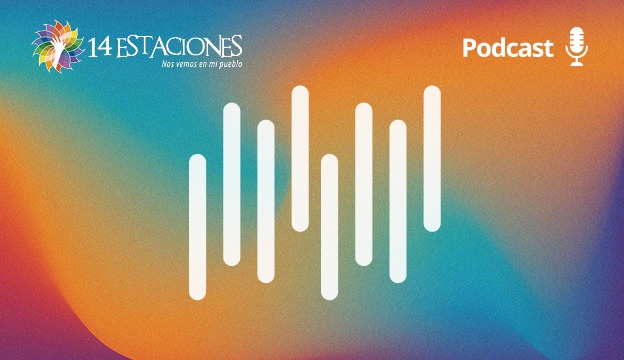 Fondo degradado de colores con el logotipo "14 Estaciones" en la parte superior izquierda, destacando Risaralda y La Celia, las palabras "Podcast" y un icono de micrófono en la parte superior derecha, además de barras blancas verticales de ondas de audio en el centro.