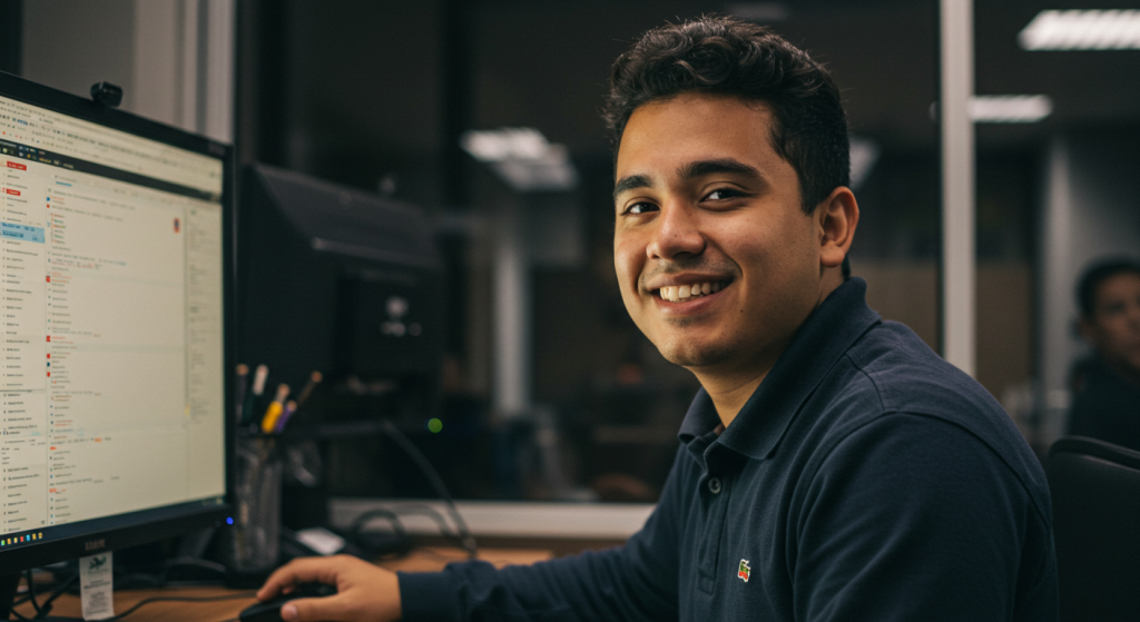 Un joven técnico laboral se sienta en un escritorio y sonríe a la cámara mientras utiliza un ordenador de sobremesa en un entorno de oficina. El monitor muestra la interfaz de un sitio web relacionado con operaciones logísticas, con material de oficina visible cerca.