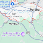 Mapa que muestra parte de Pereira, Colombia, con zonas destacadas como Morelia y Cuba. Los íconos indican el Aeropuerto Internacional Matecaña, el sitio turístico cafetero La Divisa de Don Juan y la Biblioteca Pública Hugo Ángel Jaramillo. Las carreteras y los límites son visibles.