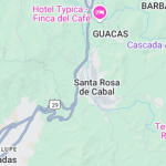 Mapa vectorial editable de los alrededores de Santa Rosa de Cabal, Colombia, con carreteras, poblaciones cercanas, lugares de interés como Hotel Typica Finca del Café, la Cascada y Biblioteca Pública Hugo Ángel Jaramillo.