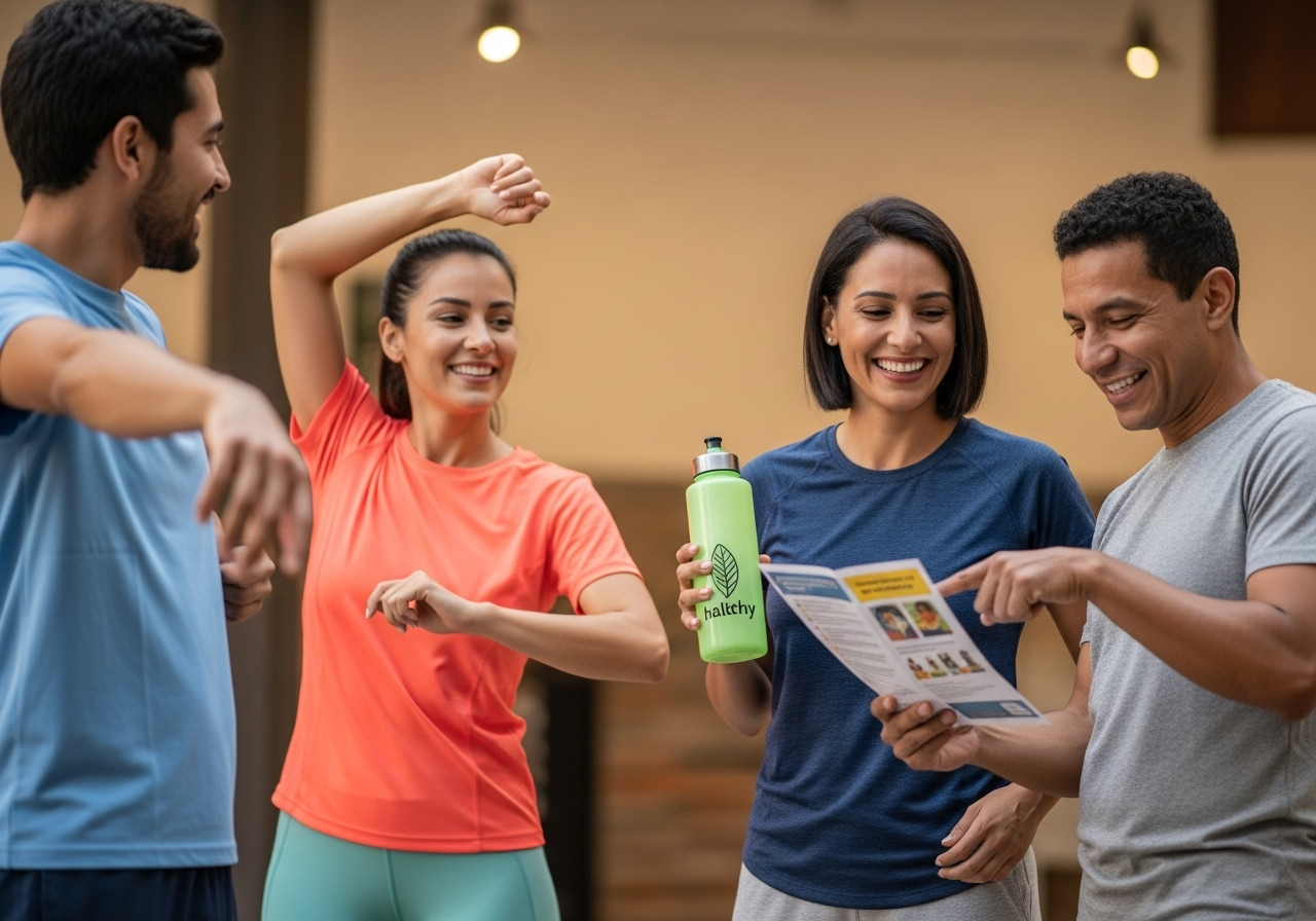 Cuatro personas vestidas con ropa deportiva sonríen y ríen juntas, una con una botella de agua verde en la mano y otra con una guía de ejercicios, mientras hablan de planes de salud y fitness en el interior.