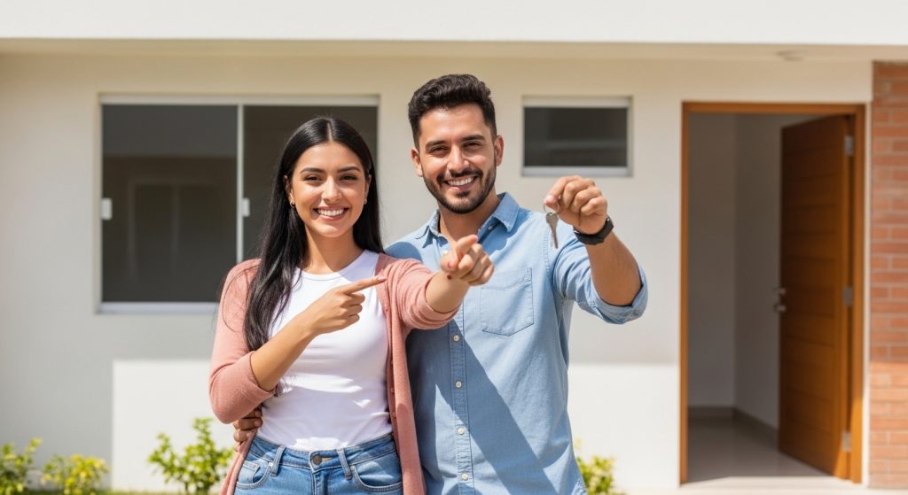 Una pareja sonríe delante de su vivienda nueva, sosteniendo una llave. La mujer la señala mientras el hombre sonríe a la cámara. La puerta abierta detrás de ellos sugiere que acaban de comprar su casa a través de nuevos proyectos inmobiliarios.