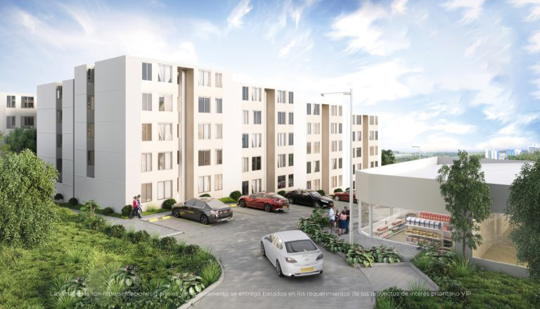 Un moderno complejo de apartamentos, Reservas de Condina, presenta edificios de cuatro plantas de color beige, varios coches aparcados y gente paseando. En primer plano hay una pequeña tienda de comestibles con grandes ventanales, rodeada de vegetación bajo un cielo parcialmente nublado.
