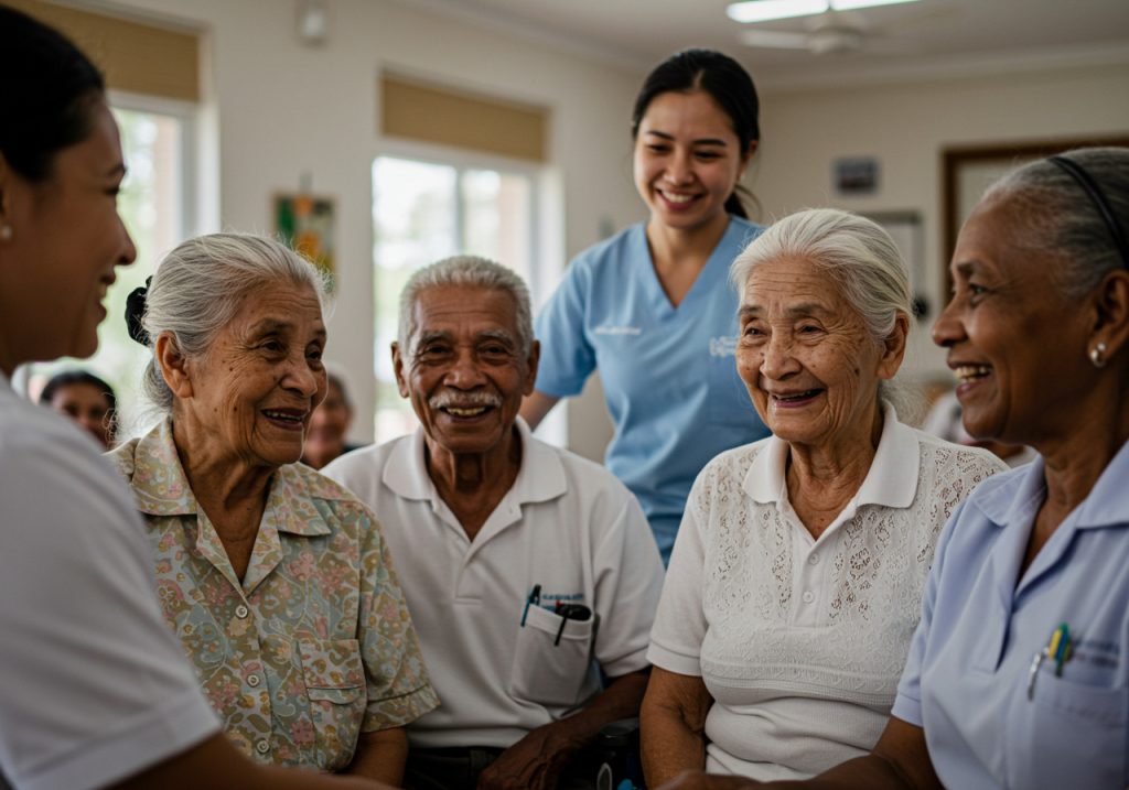 Cinco ancianos sonrientes se sientan juntos en una habitación bien iluminada, comparten historias y risas, mientras un cuidador con bata se sitúa detrás de ellos. El ambiente cálido y acogedor ayuda a dar a tu vida un nuevo sentido de comunidad y alegría.