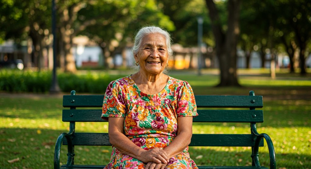 Una anciana canosa con un colorido vestido de flores se sienta sonriente en un banco de un parque verde, encarnando la plenitud de la vida entre árboles verdes y hierba en un día soleado.