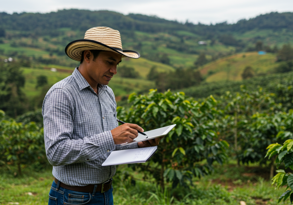 Un hombre con sombrero a rayas y camisa de cuadros está de pie en un campo con plantas verdes, escribiendo en un portapapeles, representando la innovación en el sector cafetero, con colinas y árboles al fondo.