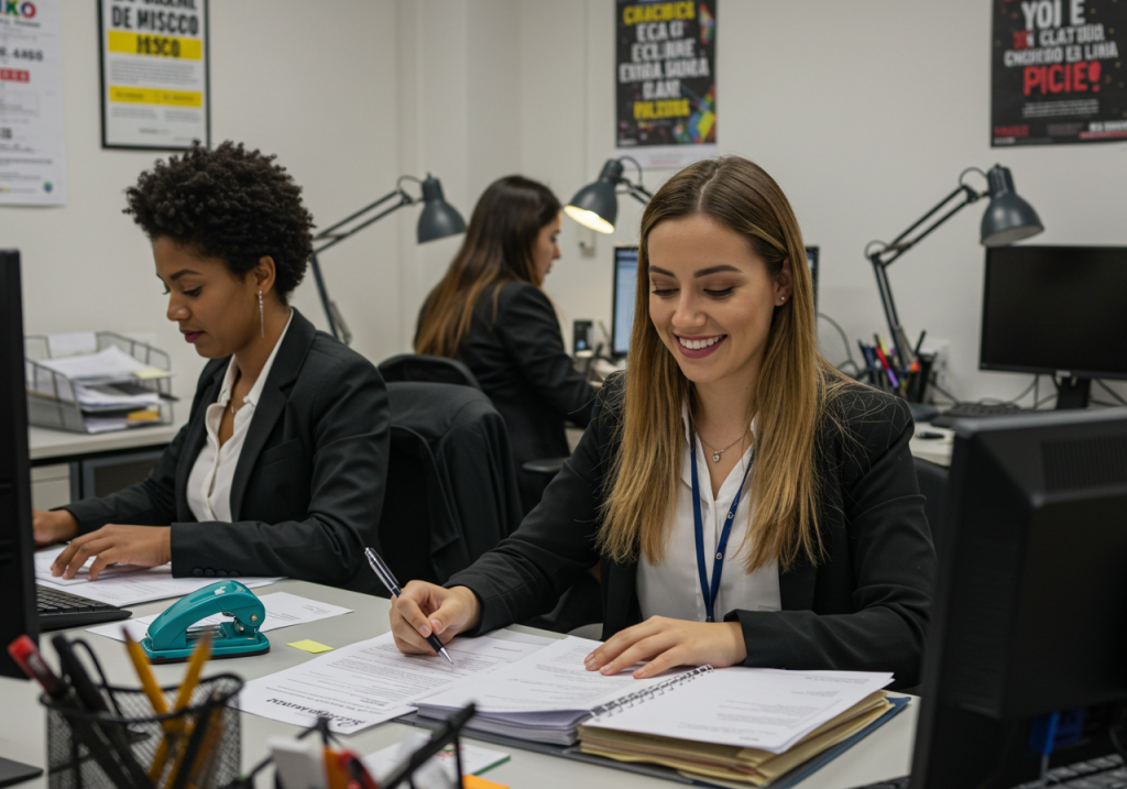 Tres mujeres vestidas con traje de negocios trabajan en las mesas de una oficina organizada, centradas en documentos y ordenadores. Carteles motivadores decoran las paredes, reflejando su compromiso con la actualización administrativa y el crecimiento profesional.