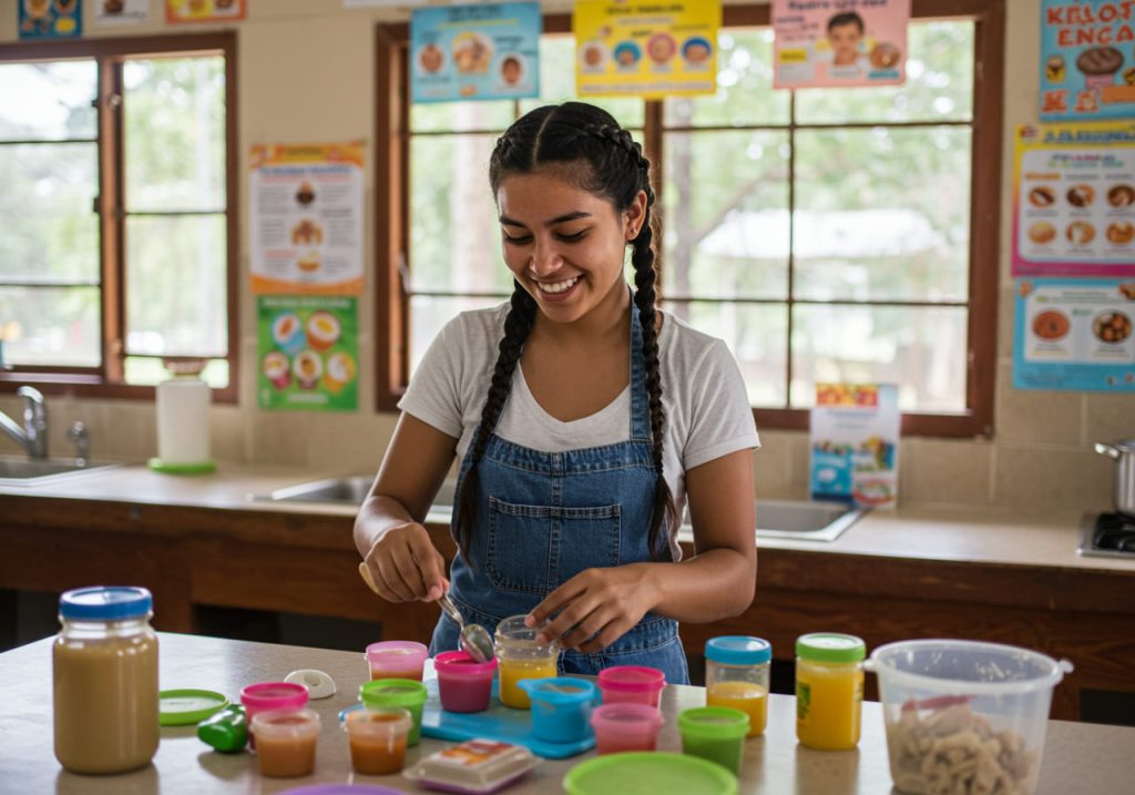 Una joven con trenzas sonríe mientras prepara y clasifica coloridos recipientes de comida para bebés de 6 meses en una luminosa cocina con carteles educativos sobre sabores y texturas en las paredes.