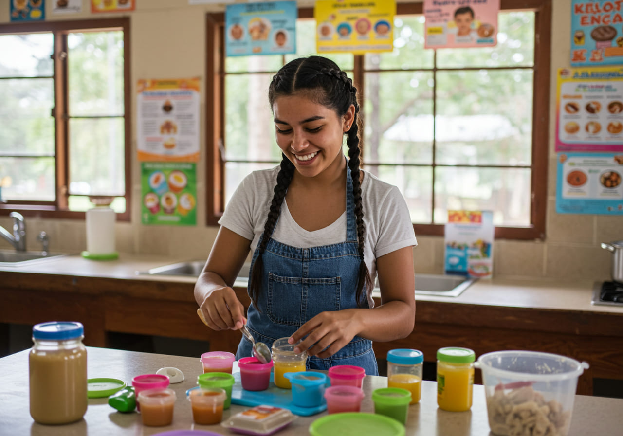 Una joven con trenzas sonríe mientras prepara y clasifica coloridos recipientes de comida para bebés de 6 meses en una luminosa cocina con carteles educativos sobre sabores y texturas en las paredes.