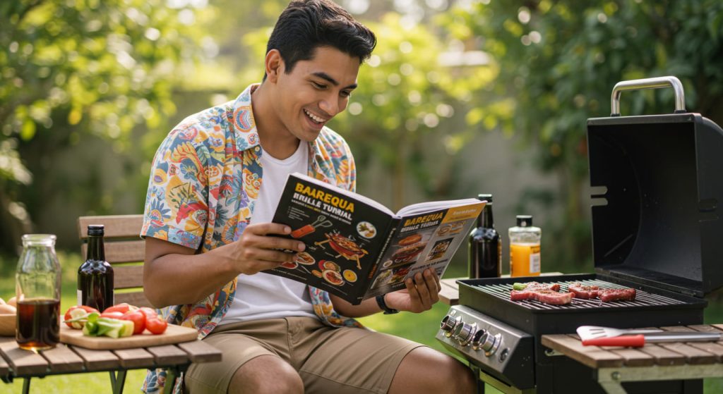 Un joven está sentado al aire libre junto a una parrilla, sonriendo mientras lee un libro de cocina para asar. Verduras, bebidas y frascos de condimentos están sobre la mesa a su lado, y la carne cruda chisporrotea en las parrillas en un soleado patio trasero.