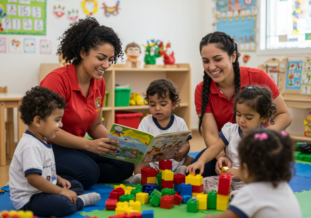 Dos maestras y cuatro niños pequeños sentados en una alfombra de colores en un aula. Como parte de la atención integral en la primera infancia, las maestras leen un libro ilustrado mientras los niños juegan con grandes bloques de construcción. Las paredes están decoradas con carteles educativos.