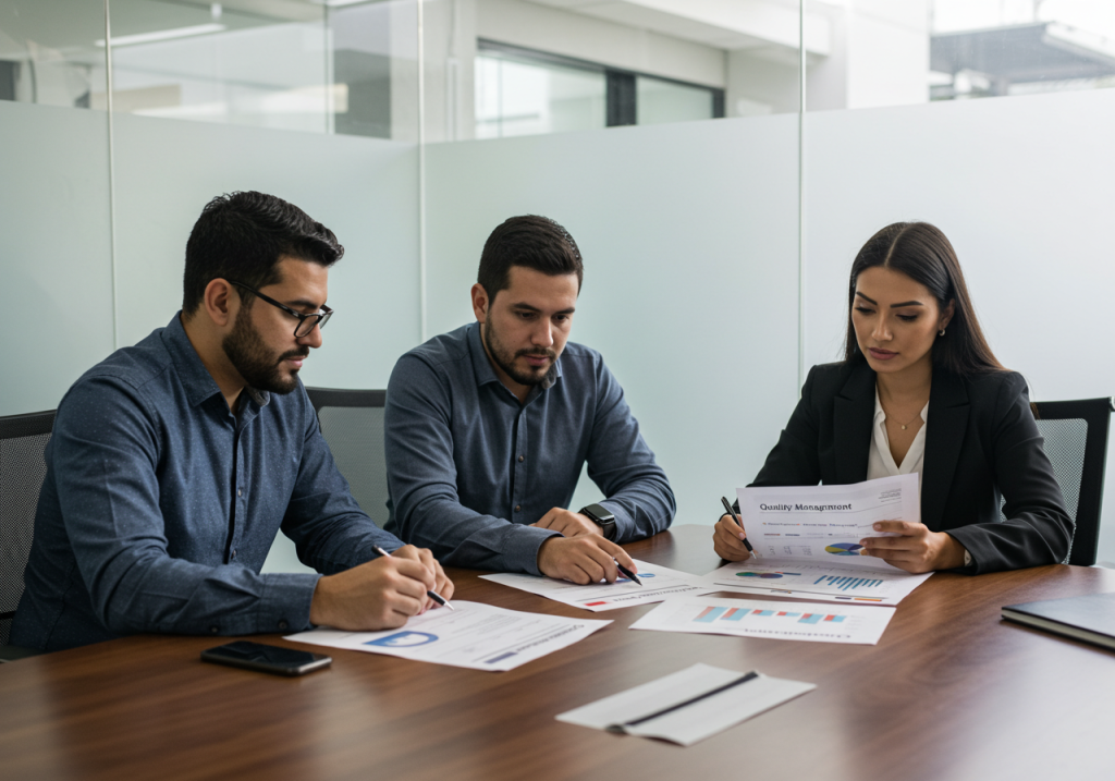 Tres personas se sientan a una mesa de conferencias en una oficina moderna, revisando tablas y gráficos impresos relacionados con una auditoría interna y un sistema de gestión de calidad. Dos hombres y una mujer parecen concentrados, discutiendo datos y documentos empresariales.