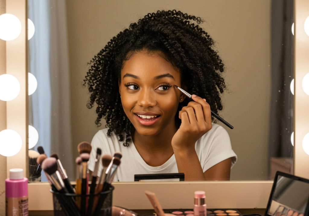 Una joven de pelo rizado practica automaquillaje nivel 1, maquillándose los ojos con una brocha mientras se mira en un espejo, rodeada de brochas de maquillaje y cosméticos sobre un tocador con luces redondas.