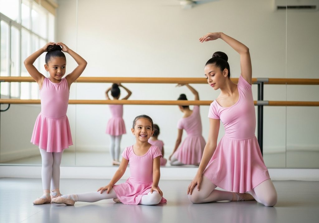 Tres chicas con trajes de ballet rosas posan en un estudio de danza con espejos y barra; una está arrodillada con un brazo levantado, otra de pie ajustándose el pelo y otra sentada con las piernas cruzadas, sonriendo como una orgullosa chef infantil después de crear algo especial.