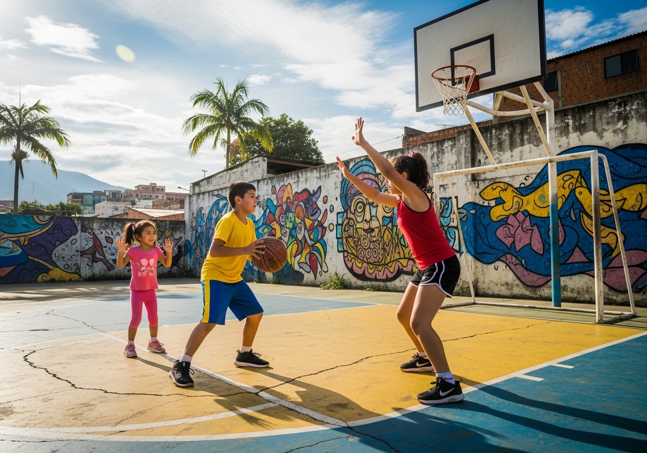 Un niño que sostiene una pelota de baloncesto se enfrenta a una mujer que lo defiende en una cancha al aire libre, mientras una joven vestida de rosa lo observa. Murales coloridos y palmeras de fondo bajo un cielo parcialmente nublado.