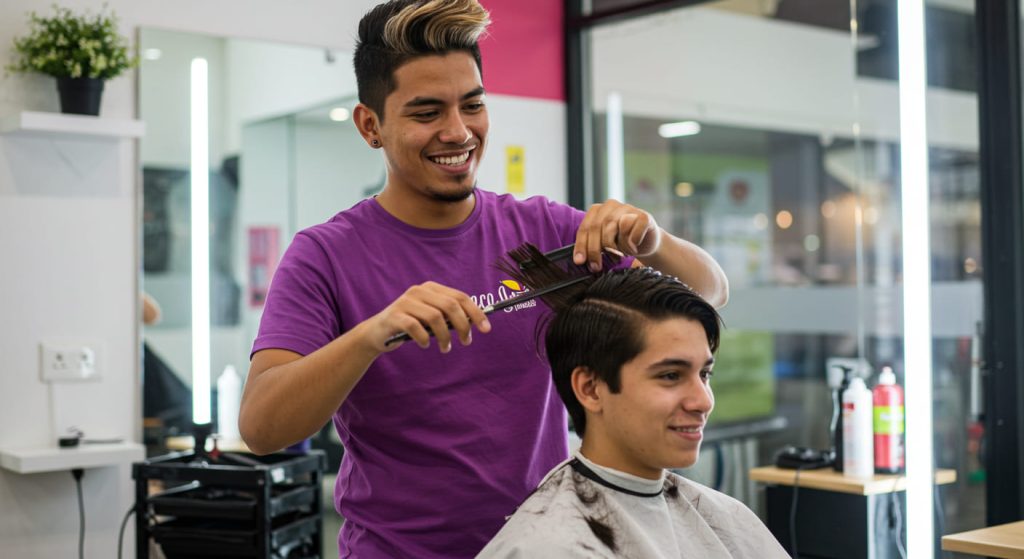 Un sonriente peluquero con camisa morada corta el pelo a un joven con tijeras y un peine en una barbería moderna y bien iluminada. El cliente se sienta en la silla del peluquero, con aspecto relajado y feliz.