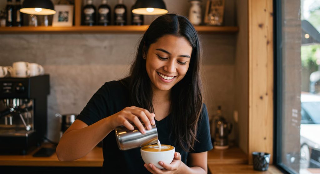 Una mujer sonriente con camisa negra vierte leche vaporizada en una taza de café, haciendo latte art, en una acogedora cafetería con estanterías de madera y cálida iluminación.
