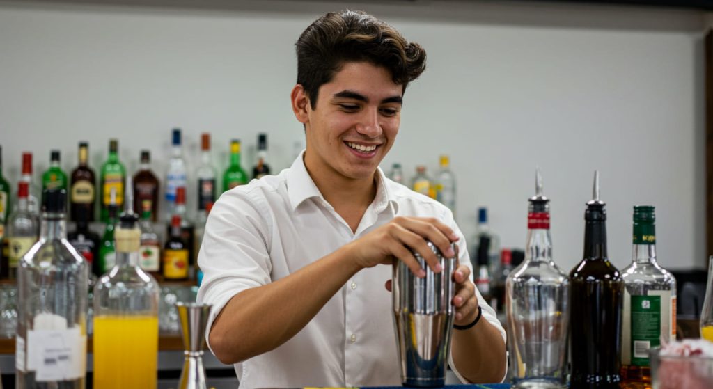 Un joven Bartender con camisa blanca sonríe mientras mezcla una bebida con una coctelera detrás de una barra, mostrando sus habilidades de coctelería nivel 1 entre botellas de licor y mezcladores.