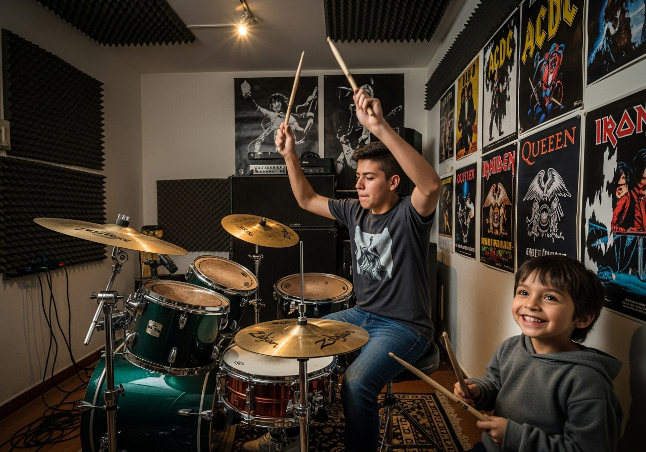Un adolescente toca con entusiasmo una batería en una habitación decorada con carteles de bandas de rock, mientras un joven chef infantil a su lado sonríe y sostiene unas baquetas.