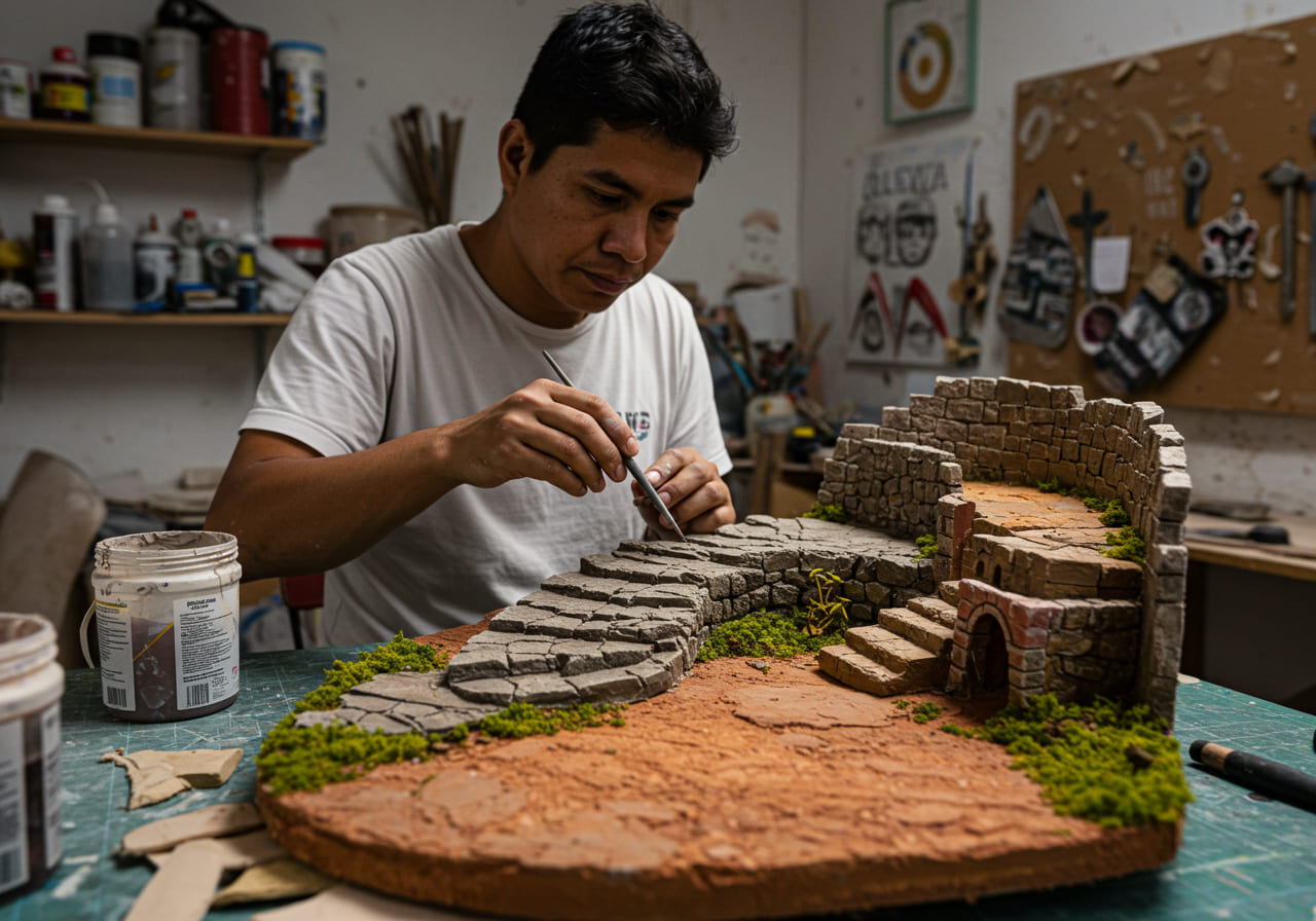 Un hombre pinta cuidadosamente un detallado modelo en miniatura de antiguas ruinas de piedra con escaleras y vegetación, utilizando expertamente las técnicas de falsa piedra en una mesa de un taller repleto de material artístico.