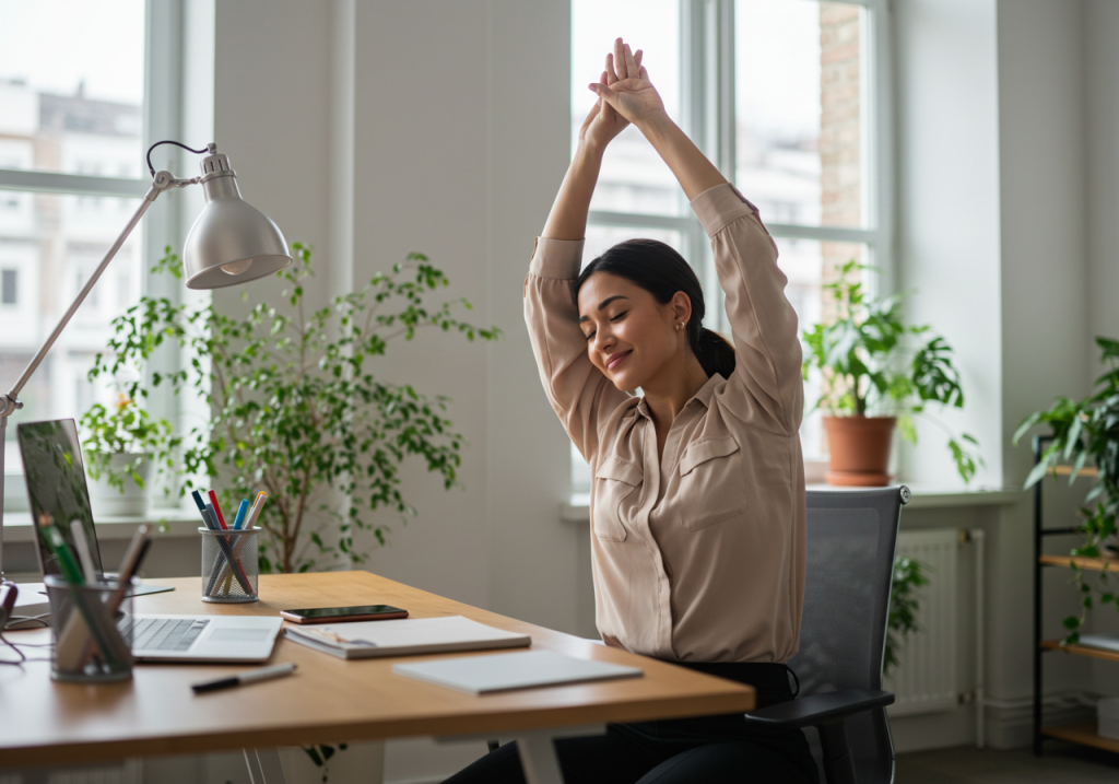 Una mujer se sienta en un escritorio de una luminosa oficina, estira los brazos por encima de la cabeza y sonríe, mostrando autocuidado laboral. Sobre la mesa hay papeles, un ordenador portátil y material de oficina, y las plantas verdes añaden bienestar en el trabajo al ambiente.