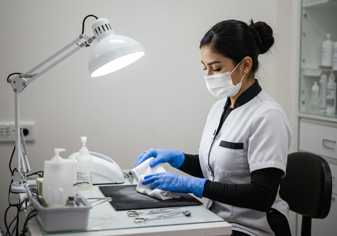 Una mujer con uniforme blanco y mascarilla, que lleva guantes azules, se sienta en un escritorio bajo una lámpara en un salón de belleza, preparándose para realizar una manicura con herramientas y botellas dispuestas sobre la mesa, siguiendo normas de bioseguridad.