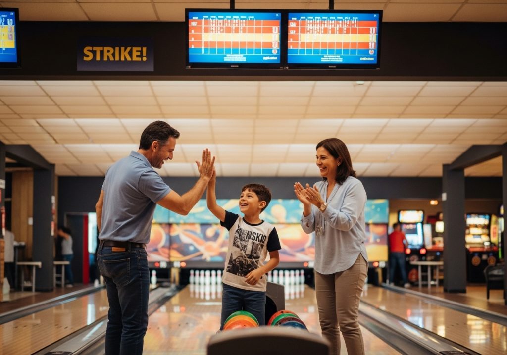 Un niño sonriente choca los cinco con un hombre en una bolera, mientras una mujer aplaude y sonríe cerca de él. Se ven las bolas y las pistas de bolos, y los marcadores en lo alto.