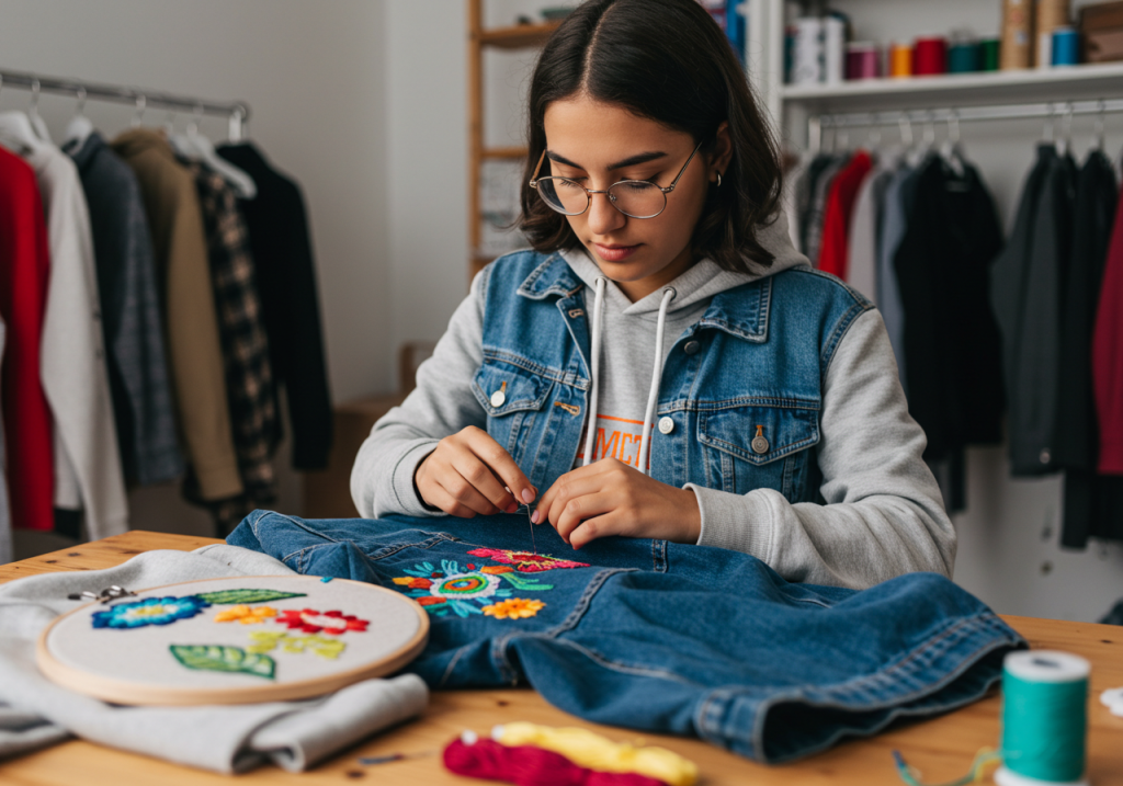 Una joven con gafas está concentrada en el bordado experimental, bordando flores de colores en una chaqueta vaquera en una mesa de madera, con útiles de bordado y percheros de ropa visibles al fondo.