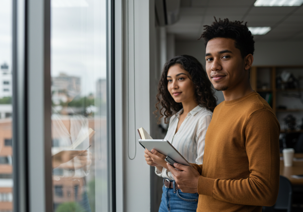 Dos jóvenes adultos están de pie junto a la ventana de una oficina, uno con una tableta en la mano y el otro con un cuaderno. Miran a la cámara, encarnando la adaptación efectiva mientras afrontan el cambio, con edificios y árboles visibles a través de la ventana detrás de ellos.