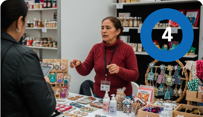 Una mujer, de pie detrás de una mesa en la que se exponen joyas y artesanía hechas a mano, atiende a un cliente en un puesto del mercado: una escena vibrante en su Ruta de emprendimiento. Al fondo, estanterías con diversos productos y un círculo azul con el número 4 sobreimpreso.
