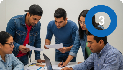 Cinco personas colaboran en una mesa, revisando papeles y un ordenador portátil, tal vez discutiendo su ruta de emprendimiento. Tres están de pie y dos sentadas, mientras que en la esquina superior derecha aparece un círculo azul con el número 3.