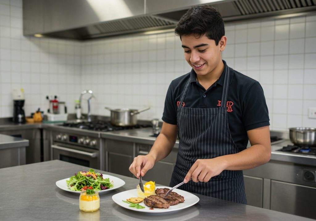 Un joven con delantal negro sonríe mientras emplata carnes como filetes y verduras en una cocina profesional. Sobre el mostrador de acero inoxidable también hay ensaladas frescas y un tarro de cristal con salsa.