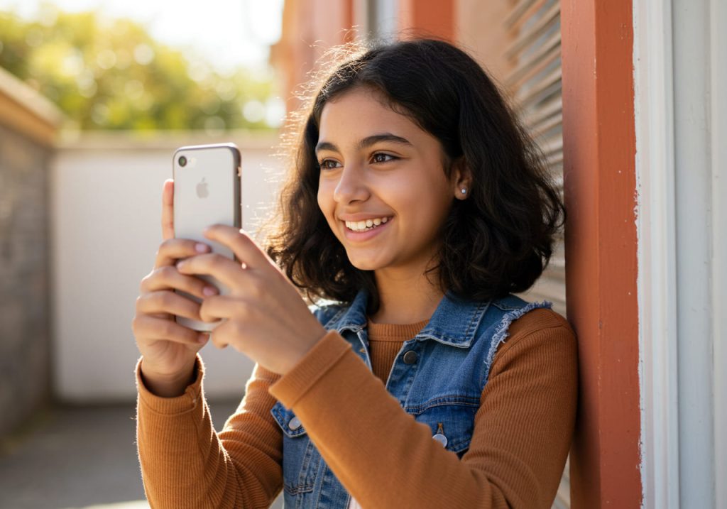 Chica sonriente de pelo rizado oscuro, con camisa marrón de manga larga y chaleco vaquero, de pie al aire libre tomando una celufoto creativa con su smartphone. La luz del sol brilla y el fondo se difumina suavemente detrás de ella.