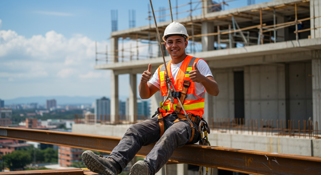 Un trabajador de la construcción con certificado de trabajo en alturas lleva casco, arnés de seguridad y chaleco naranja mientras está sentado en una viga de acero de un rascacielos en construcción, sonriendo y levantando los pulgares. Los edificios de la ciudad y el cielo azul aparecen al fondo.