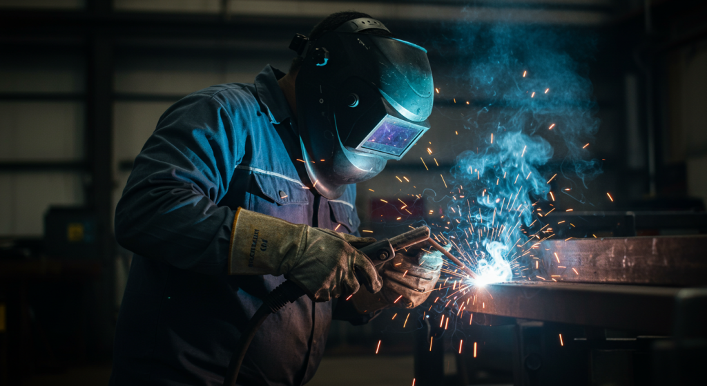 Una persona con equipo de protección y casco de soldador realiza una operación de soldadura con un soplete, creando chispas brillantes y humo en un taller industrial poco iluminado.