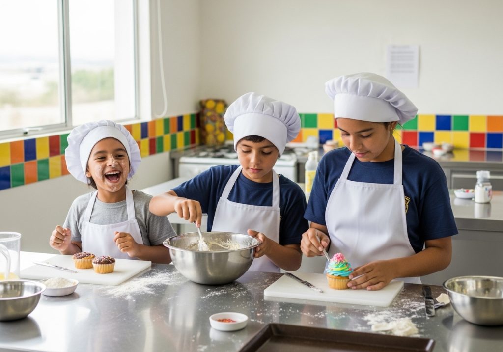 Tres niños con gorros y delantales de chef participan en una divertida actividad de chef infantil, decorando magdalenas en una colorida cocina. Un niño mezcla masa en un bol mientras otro decora, mientras el tercero sonríe y se ríe en el mostrador.
