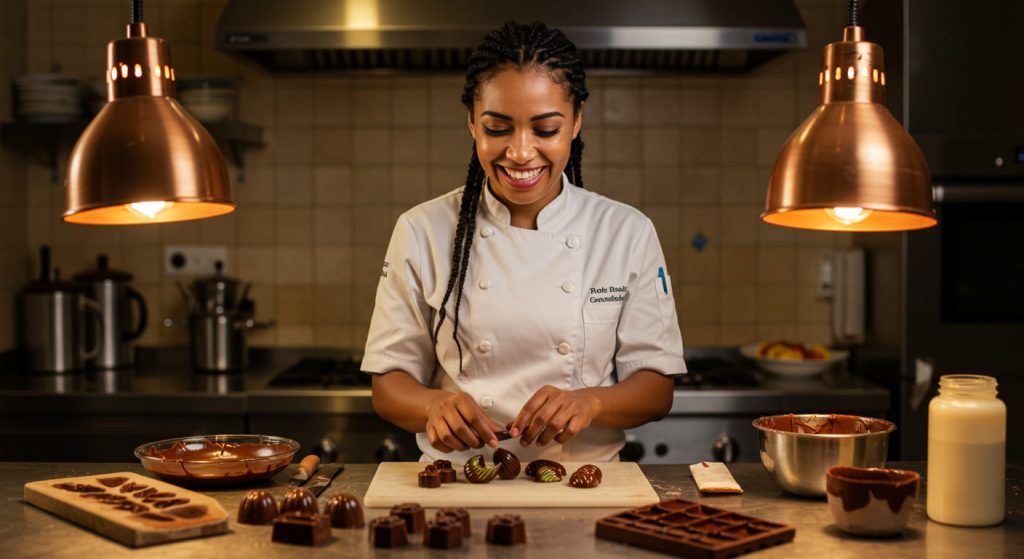 Un sonriente chef con uniforme blanco decora bombones sobre una tabla de cortar en la cocina de una chocolatería, rodeado de moldes de chocolate, cuencos de chocolate fundido e ingredientes bajo cálidas lámparas colgantes.