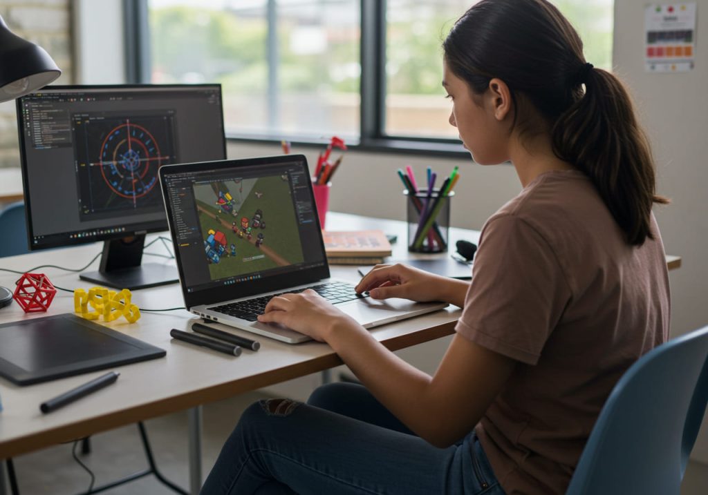 Una persona está sentada en un escritorio trabajando en un ordenador portátil con software de modelado 3D, explorando introducción al desarrollo de videojuegos. Sobre el escritorio hay monitores, una tableta, bolígrafos y objetos impresos en 3D. Al fondo se ven ventanas brillantes.