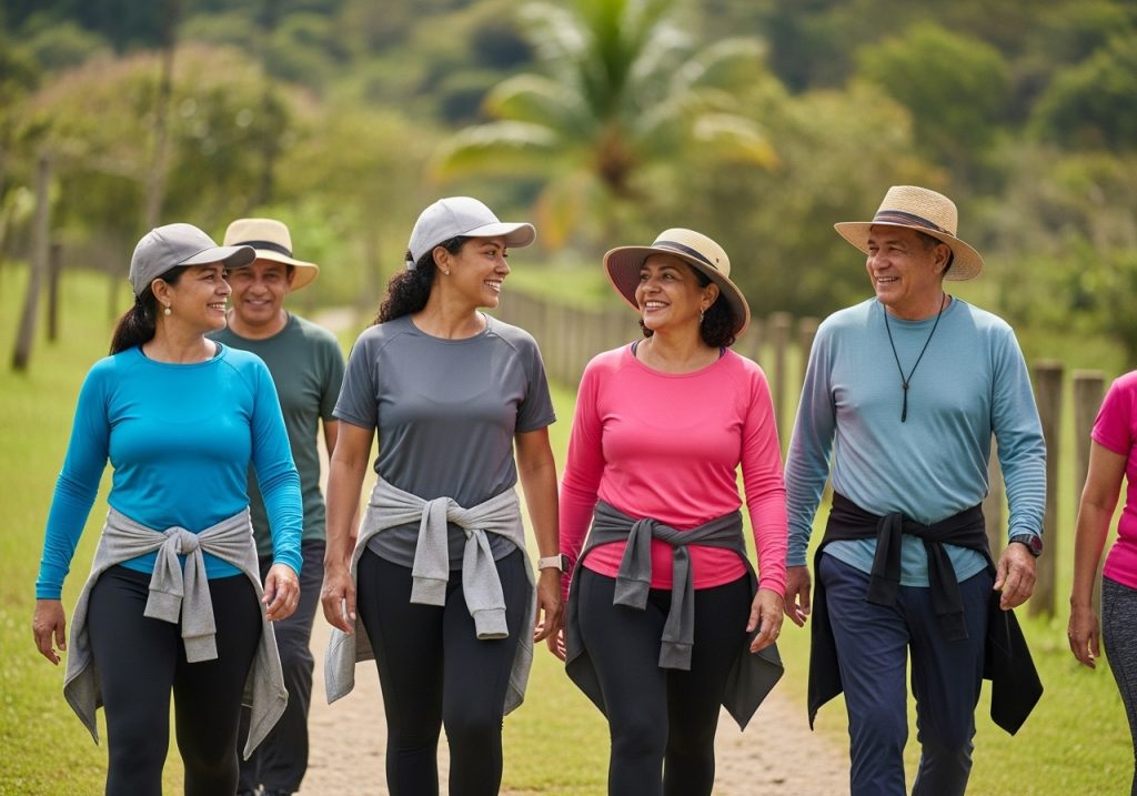 Cinco adultos del Club de Caminantes, con gorras y ropa deportiva informal, sonríen y pasean juntos al aire libre en un día soleado, con árboles verdes y una palmera visibles al fondo.