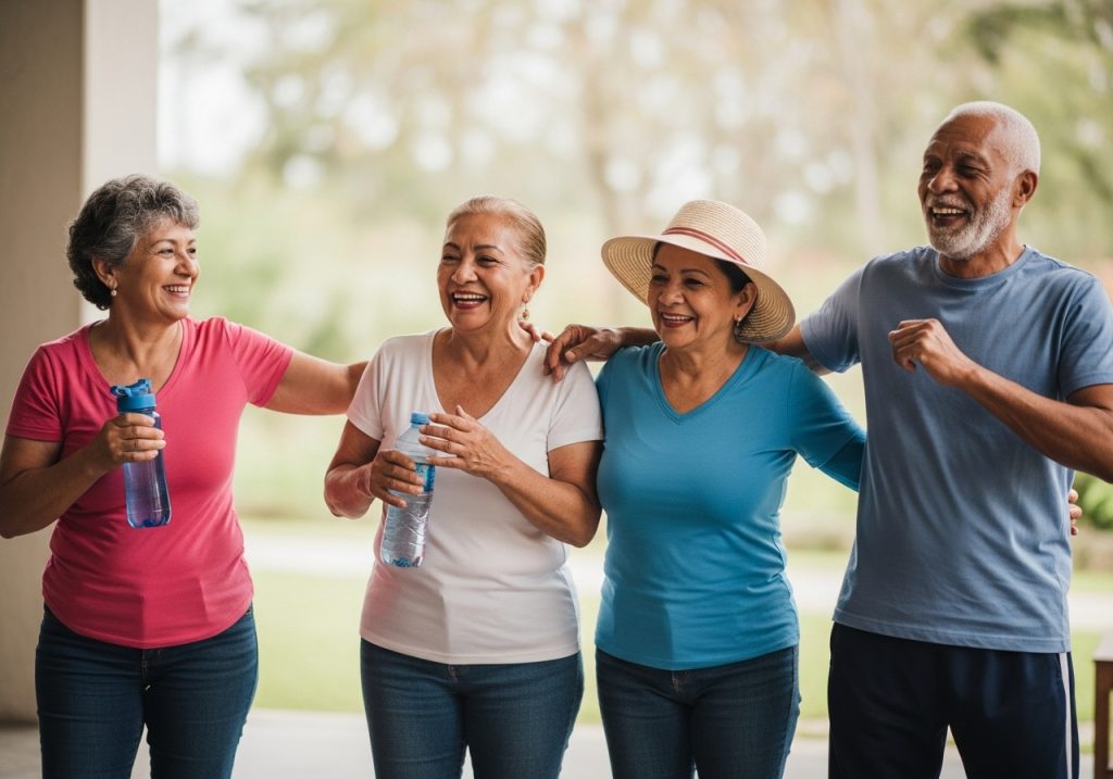 Cuatro adultos mayores están uno al lado del otro al aire libre, sonriendo y riendo. Los miembros del Club de la Salud, tres mujeres y un hombre vestidos con ropa informal, sostienen botellas de agua con árboles y vegetación difuminados al fondo.