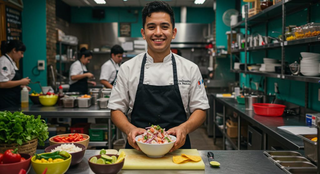 Un sonriente cocinero con uniforme blanco está de pie en una cocina, sosteniendo un cuenco de comida preparada de la cocina peruana. Verduras frescas, limas y hierbas están dispuestas en el mostrador mientras otros cocineros trabajan en el fondo.