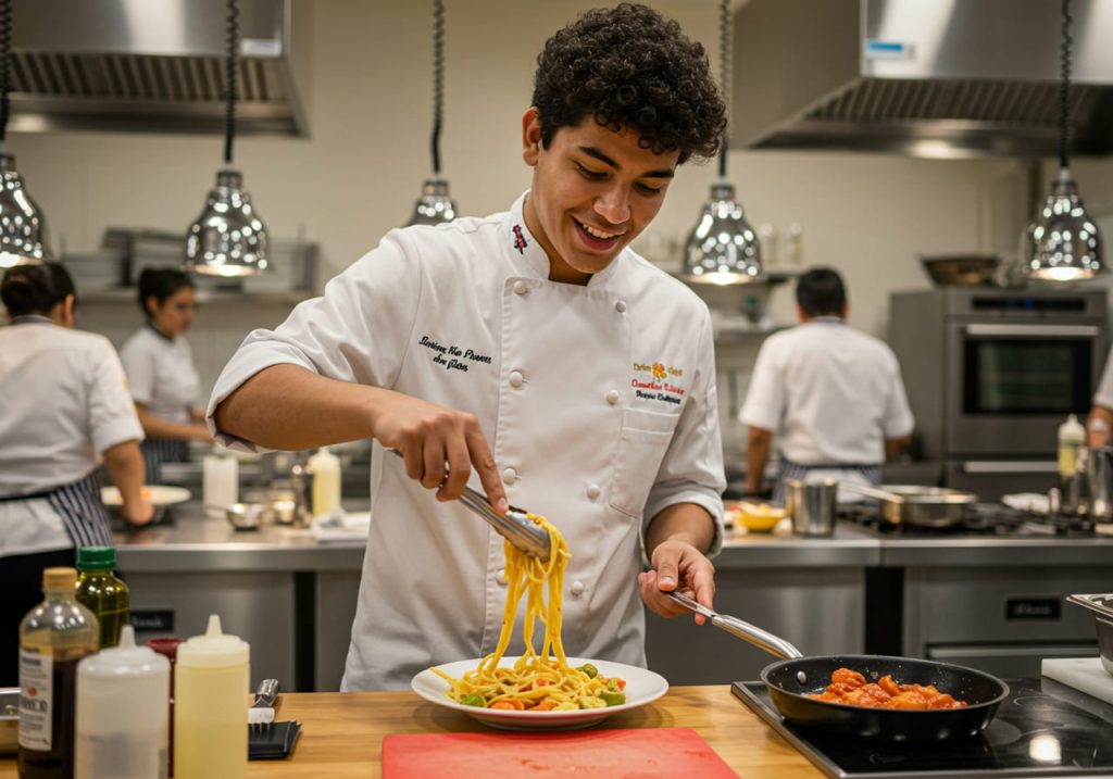 Un joven cocinero con uniforme blanco utiliza unas pinzas para emplatar pasta en una cocina italiana profesional, sonriendo mientras trabaja. Al fondo se ve a otros cocineros con diversos ingredientes y utensilios sobre el mostrador.