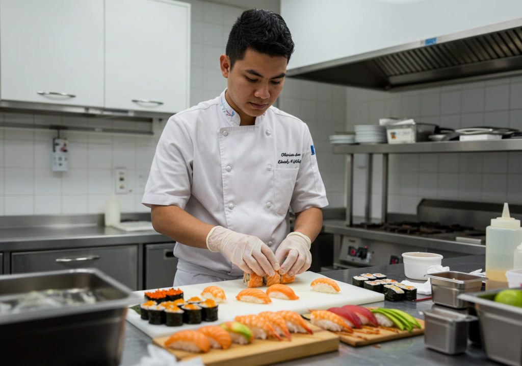Un chef con uniforme blanco y guantes prepara sushi en una cocina limpia y moderna inspirada en la cocina japonesa. Varios tipos de sushi están ordenados en una tabla de cortar frente a él.