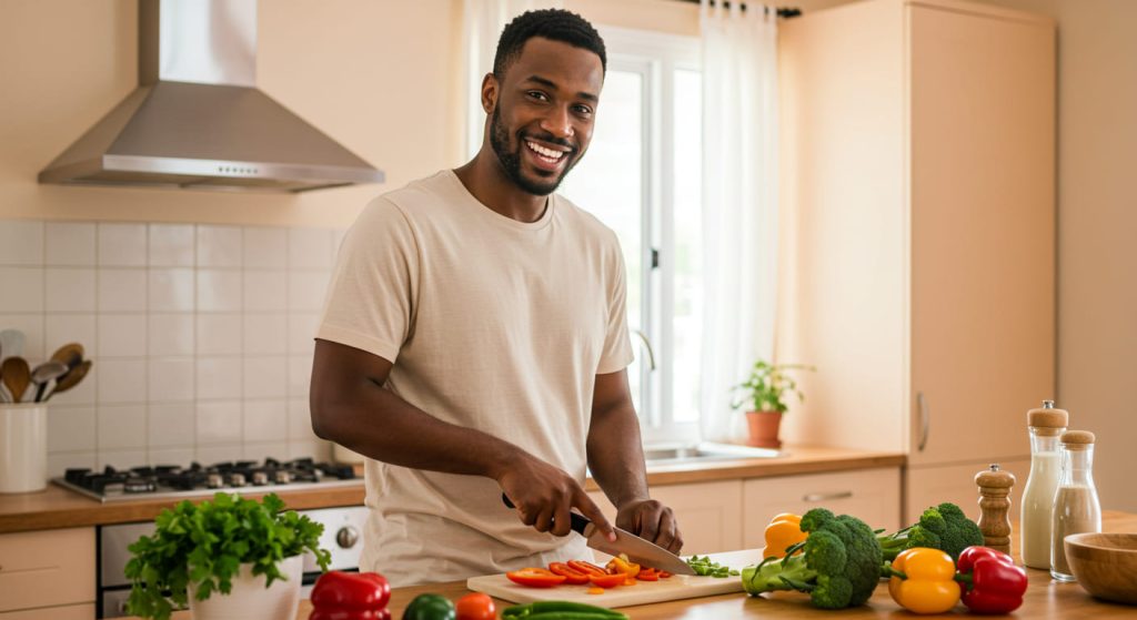 Un hombre sonríe mientras corta pimientos en una tabla de cortar en una luminosa cocina, rodeado de verduras frescas como brócoli, tomates y verduras de hoja verde, disfrutando de la alegría de la cocina saludable.