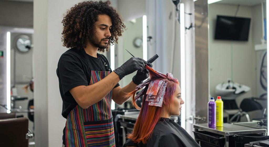 Una peluquera con guantes y delantal de colores aplica tinte de colorimetría básica al cabello largo hasta los hombros de una clienta sentada en un salón moderno. En las inmediaciones se ven herramientas y productos de peluquería como parte de este proceso de colorimetría de nivel 1.