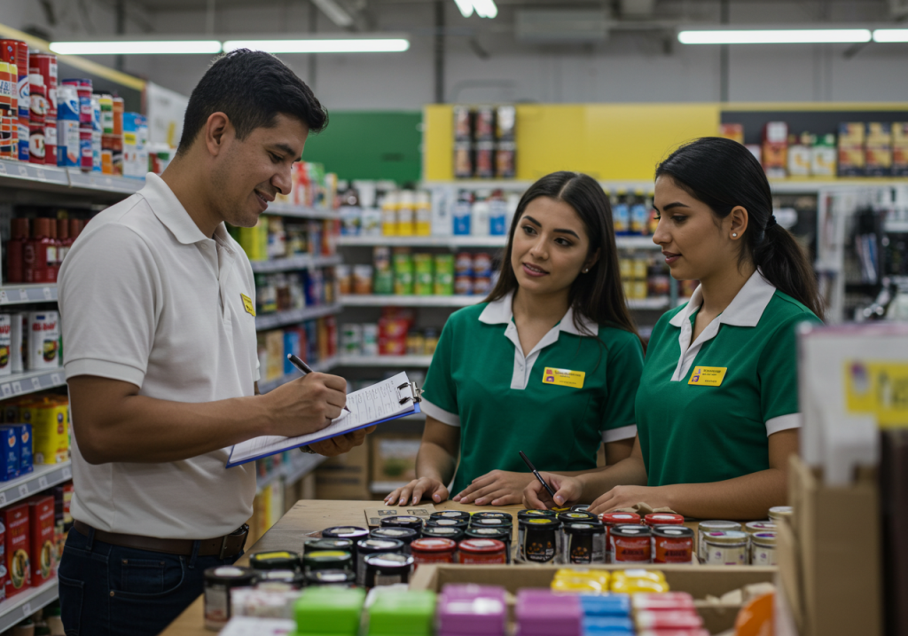 Un hombre con un portapapeles habla con dos mujeres con uniforme verde cerca de estanterías de tarros y conservas en una tienda de comestibles, posiblemente durante una sesión de formación de la Fundación Universitaria Comfamiliar centrada en las competencias digitales para el sector del comercio.